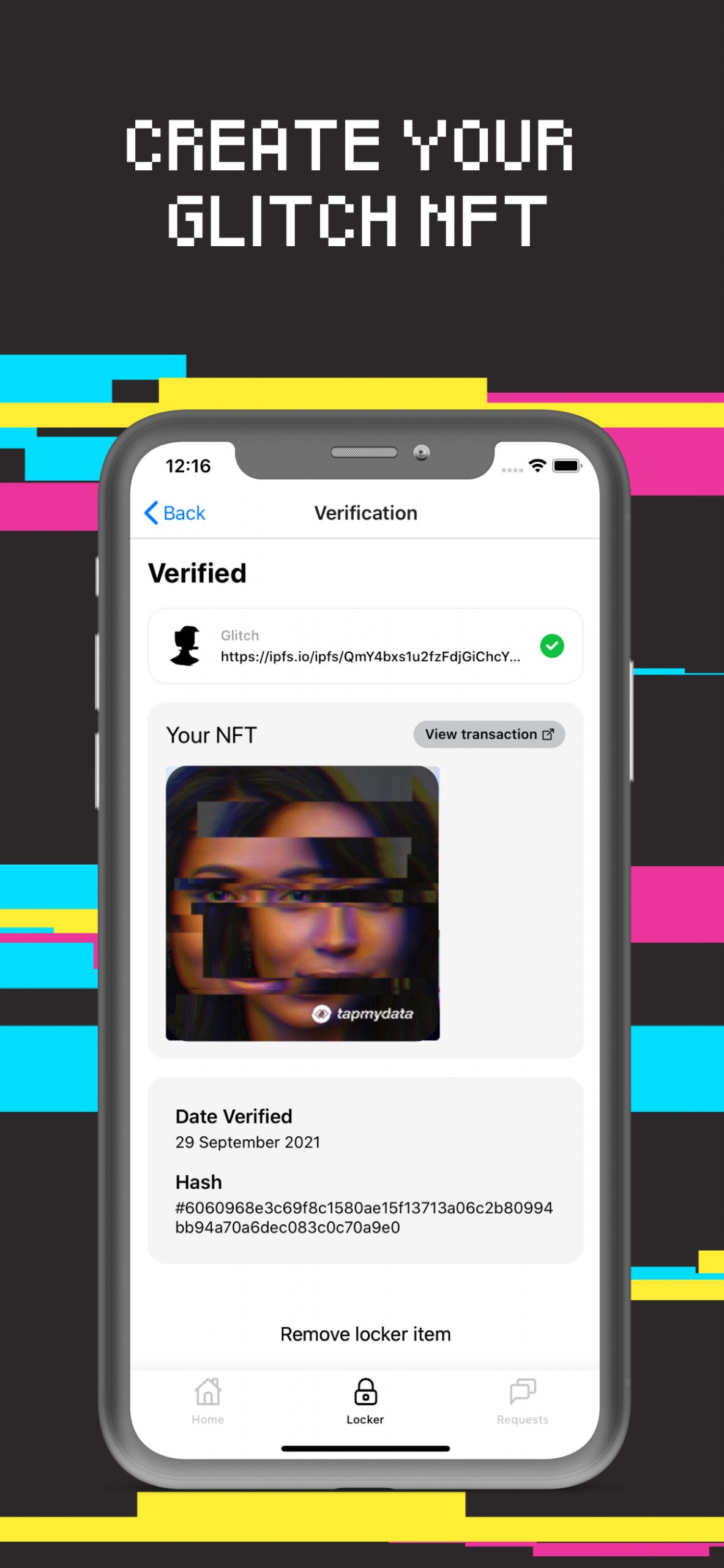 Create your glitch NFT app screen