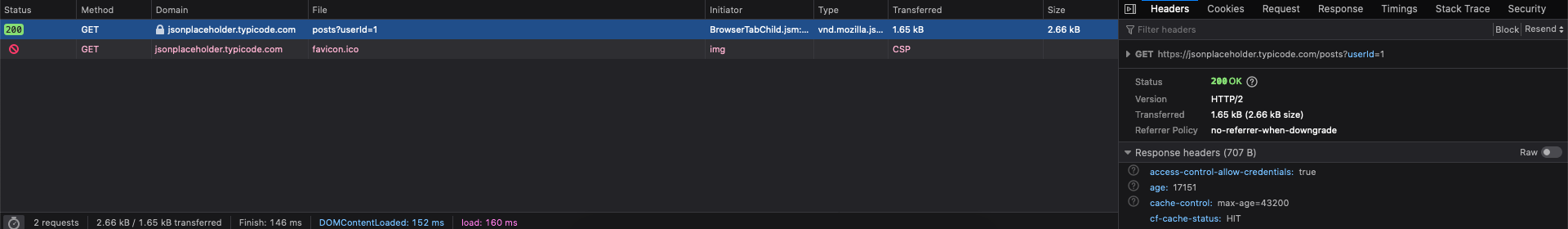 Shows a successful API request in the developer tools.