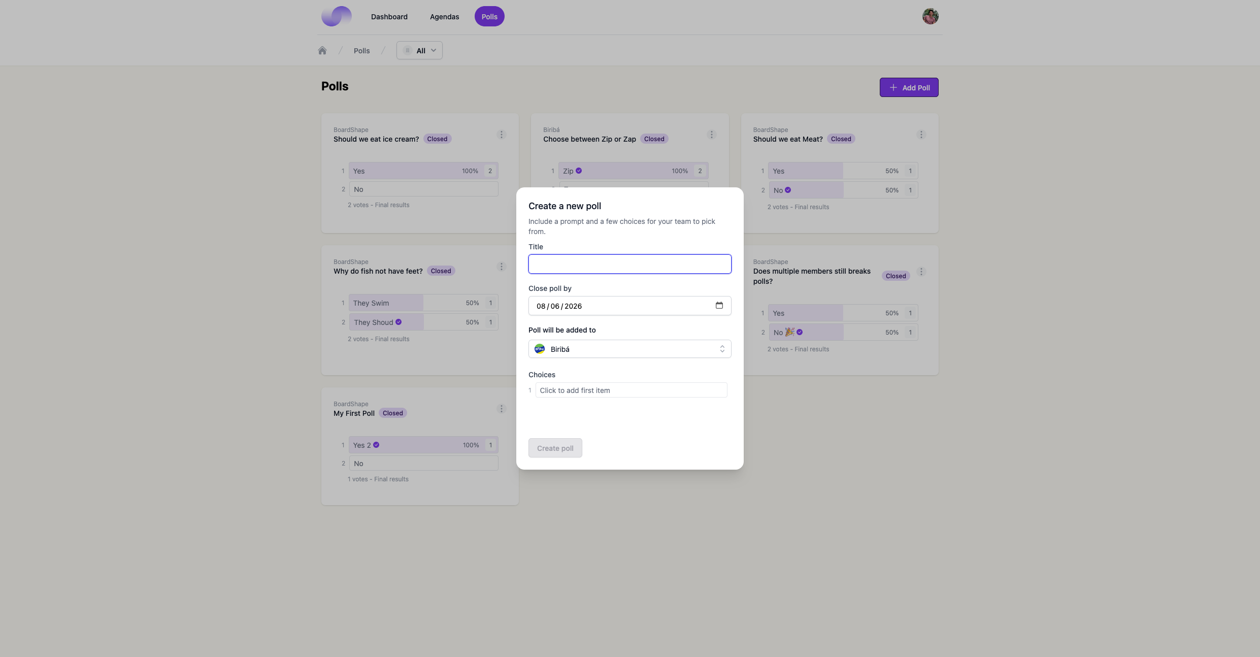Boardshape Poll Create Form