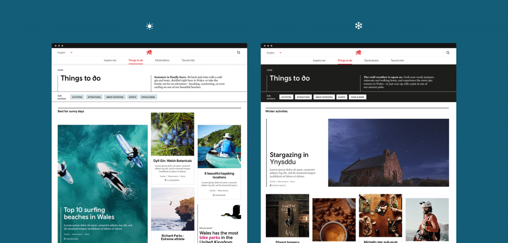 Two web pages of wales.com and visitwales.com, positioned side by side. The page shows multiple articles. The page on the right has a black header and is variation of the design on the left.