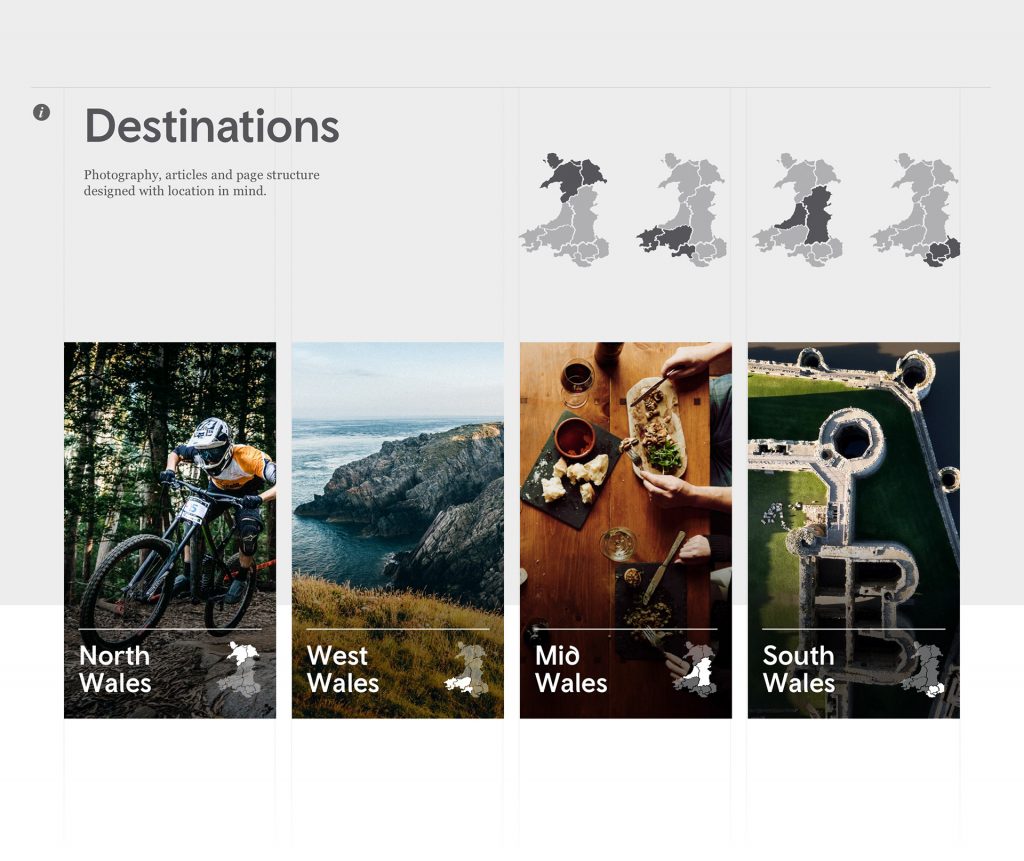 A website component for wales.com and visitwales.com, it shows four maps each highlighting an area of Wales, north, west, mid and south.