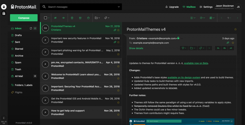 ProtonMail's UI on the web with the Green Lume theme applied to it.