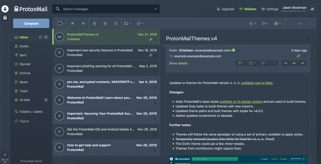 ProtonMail's UI on the web with the Ochin theme applied to it.